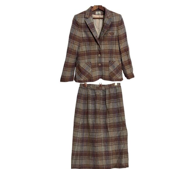 Vintage Country Suburbans Plaid Wool Blend Blazer And Skirt Set Brown Size 2 - Picture 1 of 11